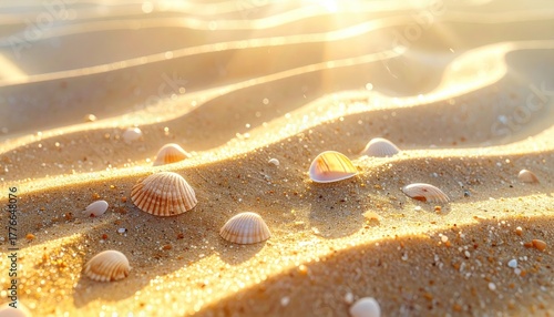 Fototapeta Naklejka Na Ścianę i Meble -  Close Up Of Seashells Scattered On Rippled Sand Dunes With Warm Golden Sunlight Rays Shining Through The Atmosphere And Creating A Serene Beach Landscape