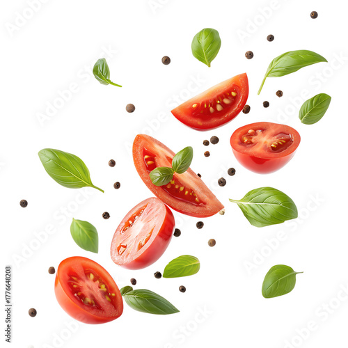 Fresh tomatoes basil and peppercorns floating on black background food photography and culinary ingredients