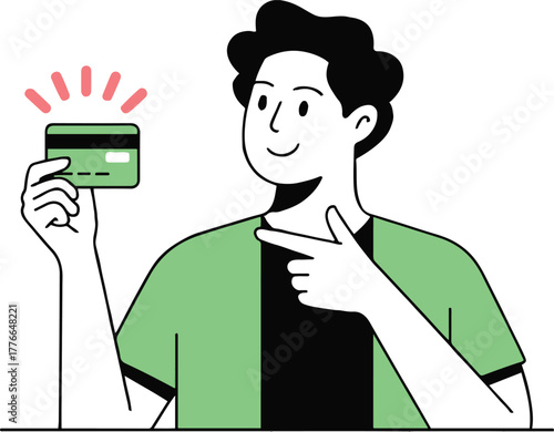 Man pointing at a green credit card with red rays above it on a white background illustration style