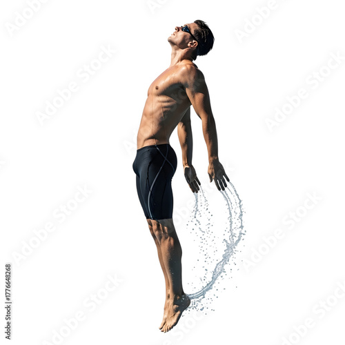Male swimmer jumping out of water with splash and motion blur, isolated on white