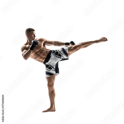 Muscular man performing a powerful side kick in martial arts training, isolated on black