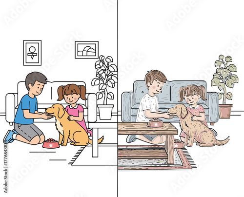 Children feeding pet dog in cozy living room interior with boy and girl interaction, family bonding, home lifestyle illustration scene