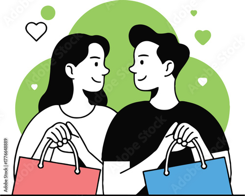 A couple holding shopping bags with hearts and green circles in the background vector illustration
