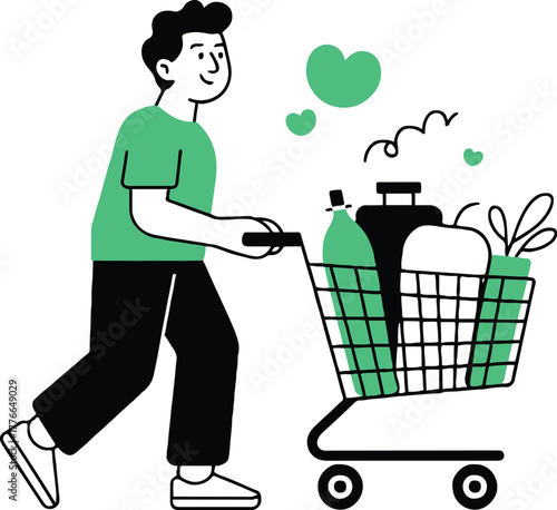 Man pushing shopping cart filled with groceries and surrounded by green heart shapes on white background