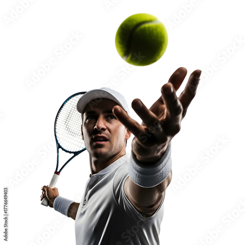 Tennis player about to serve a ball with a racket in hand, focused expression, isolated