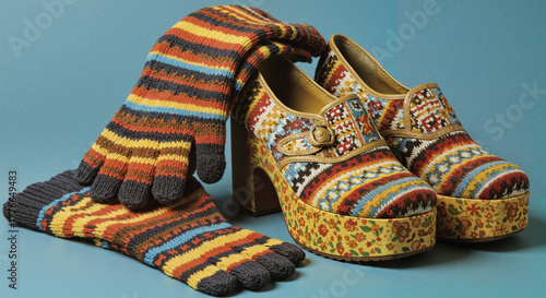 A vibrant 1970s style still life featuring knitted gloves and chunky platform shoes against a blue background.