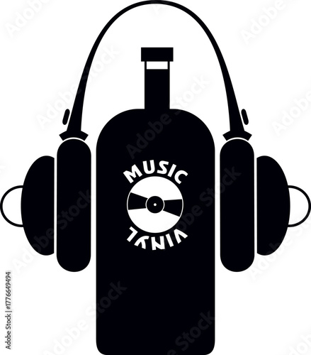 Drink and listen. Bottle of wine with headphones