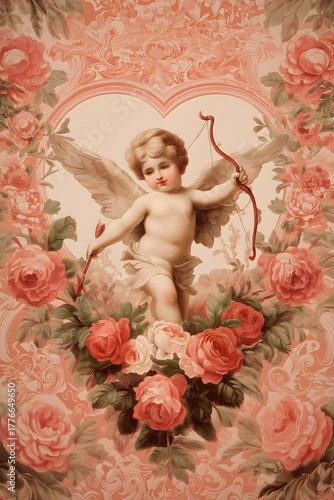 Cherubic Angel with Bow Surrounded by Beautiful Pink Roses