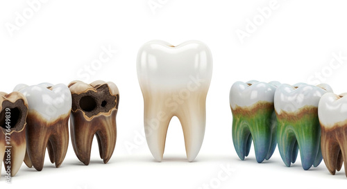 Healthy tooth amidst decayed teeth, dental decay symbolism and oral health awareness