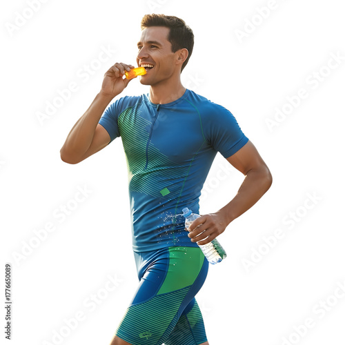 Athletic man running and eating energy gel with water bottle, active lifestyle fitness sport