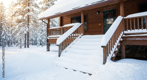 Wallpaper Mural Snow piled on wooden porch stairs of cabin with snow-covered roof and pine trees, winter tranquility in forest landscape Torontodigital.ca