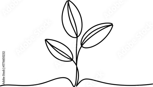 Single line drawing of a sprouting plant with three leaves