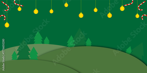 Christmas paper cut podium vector banner design. Merry christmas and happy new year greeting text with pine tree paper cut and curtains fold backdrop. Vector illustration product display banner.