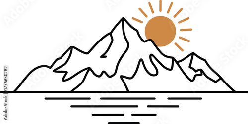 Stylized mountain range with sun and water reflection