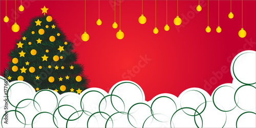Christmas paper cut podium vector banner design. Merry christmas and happy new year greeting text with pine tree paper cut and curtains fold backdrop. Vector illustration product display banner.
