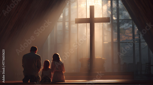 una familia unida orando frente a la cruz en una hermosa capilla agradeciendo y rezando con fervor y alegria a Dios nuestro señor epoca de amor y reflexion