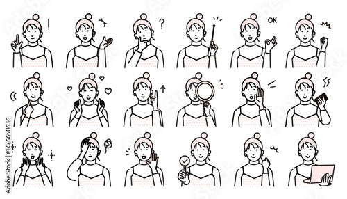 若い女性の表情ー表現とジェスチャーのアイコンセットーベクターイラスト素材