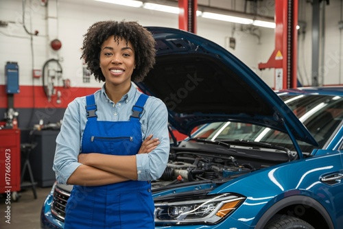 A smiling Black woman in blue overalls stands with her arms crossed in an auto repair shop, with a car and lift in the background.