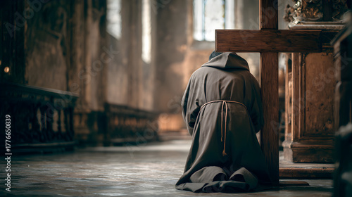 un fraile o monje franciscano hincado arrodillado frente a la cruz de dios dentro de un monasterio o capilla orando pidiendo con fe y agradeciendo a Dios