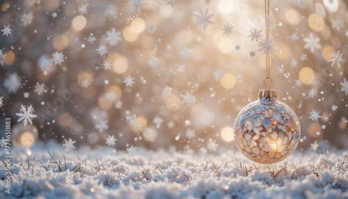 Sparkling Christmas Ornament Hanging in Snowy Bokeh Glow, Festive Holiday Ball with Golden Lights and Falling Snowflakes