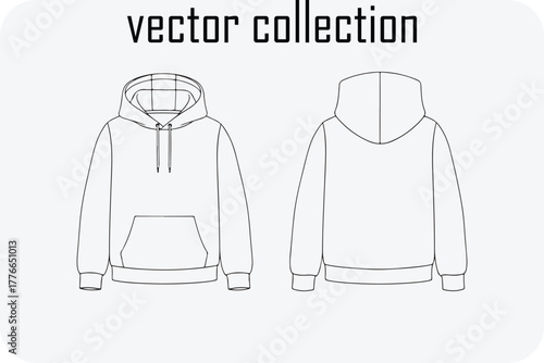 Clean line art vector collection of front and back views of a hooded sweatshirt for fashion design and apparel mockups