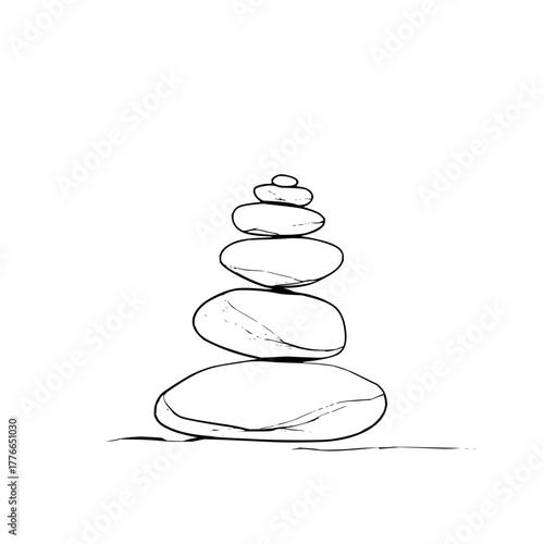 A black and white drawing of a zen like stack of stones balanced on top of each other in a simple design