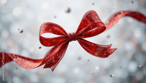 Elegant Red Gift Ribbon Bow in Snowy Bokeh Background, Festive Holiday Decoration with Sparkling Winter Glow