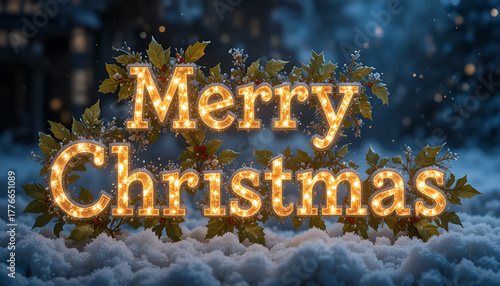 Merry Christmas Sign in Snowy Night with Glowing Lights, Festive Holiday Greeting with Illuminated Letters and Winter Snow