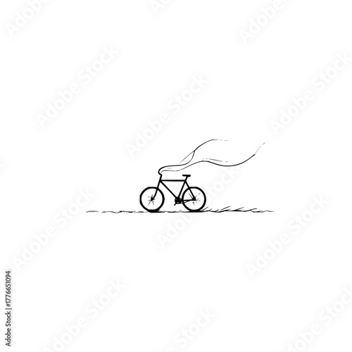Silhouette of a bicycle with flowing lines suggesting movement on a white background minimalist style art