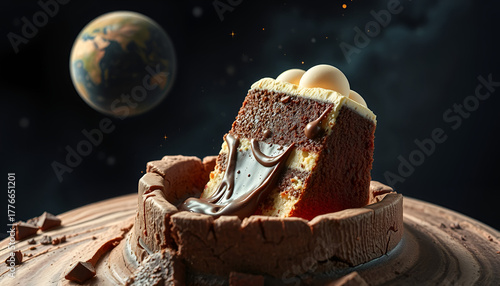 Slice of Chocolate Cake on Alien Planet with Earth in Sky, Surreal Cosmic Dessert Scene in Outer Space