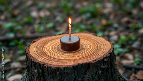 Single Candle Lit on Tree Stump in Forest, Serene Nature Scene with Warm Flame and Wood Grain Texture