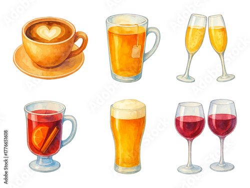 Watercolor drinks vector set, color beverage clipart collection, traced vector. Cup of coffee with heart, tea, sparkling wine in two glasses, mulled wine, beer and red wine