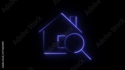  Glowing neon line, Search house icon isolated on a black background. Real estate symbol of a house under a magnifying glass. 
