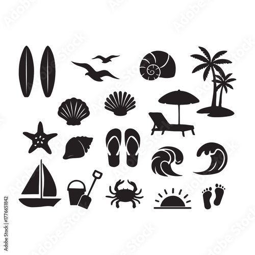 Collection of beach and vacation icons, including a sailboat, surfboard, flip-flops, beach umbrella, and seashells