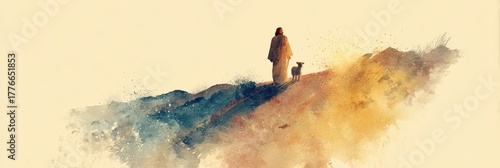 Peaceful walk of jesus with a lamb on a hill in watercolor art