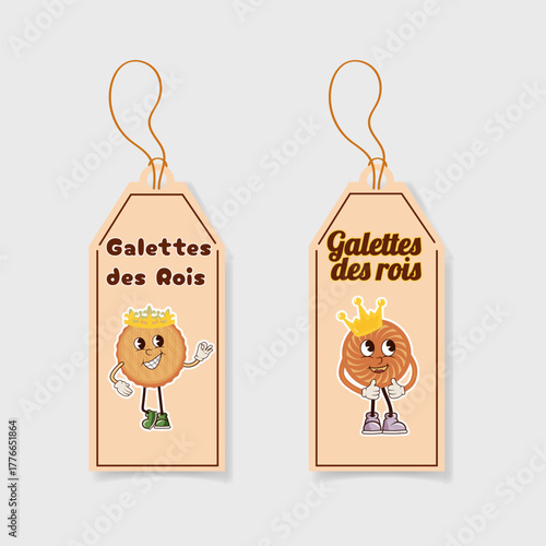 A label design for Galette des Rois cookies or cake, featuring playful, groovy-style crowned figures on a retro beige background. For baked goods packaging, Epiphany labels, stickers, French desserts.