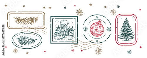 Christmas Stamps, tree, toy, set, Hand drawn illustration