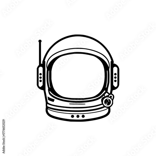 Illustration of a black and white astronaut helmet with antenna and detailed visor design isolated on white