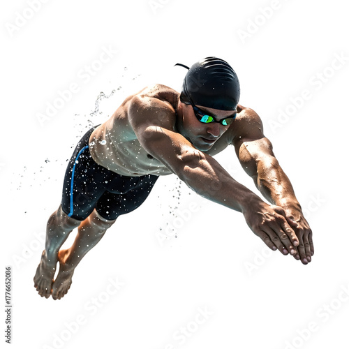 Male swimmer in competitive diving posture underwater with water splash, isolated
