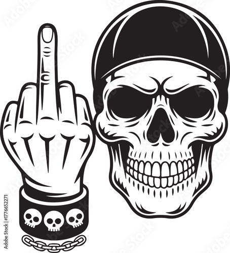 Monochrome Skull Middle Finger Hand With Bracelet Illustration Dead Bones Sign Gesture
