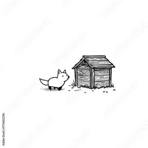 Illustration of a small dog looking at a wooden dog house in a yard with grass in black and white style