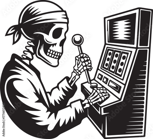 Monochrome Skeleton Pirate Playing Slot Machine Illustration Skull Gambling Death Concept
