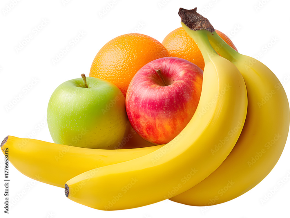 Fototapeta premium Fresh bananas, apples, and oranges isolated on transparent background, symbolizing healthy and tropical nutrition.