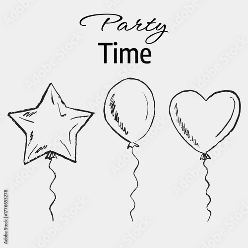 Hand drawn festive balloon trio with star, heart, and round shapes. Vector sketch illustration in vintage crayon charcoal style. Party time, holiday concept, baby gift