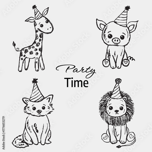 Hand drawn party animals with hearts and Party Time text. Vector sketch illustration in vintage crayon charcoal style. Happy Birthday greeting card design, decorations