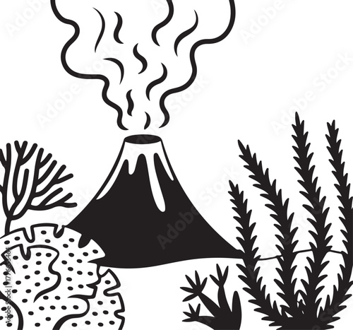 Underwater Volcanic Eruption with Coral Illustration Silhouette Design