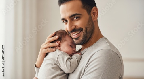 Arab man holding his sleeping newborn baby. Father proudly embracing his infant child, concept of paternity, love, and family bonding.
