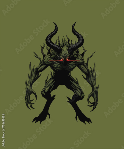 Illustration of a tree monster with horns and glowing red eyes standing in a dark green setting