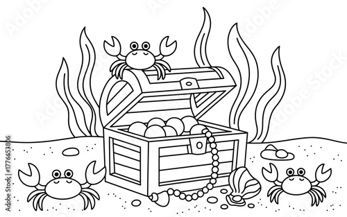 Playful crabs guard a treasure chest filled with pearls and jewels on the sandy seabed.