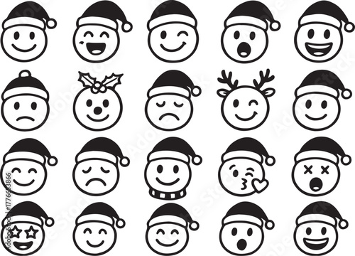 hand drawn christmas doodle emoticon set - 20 festive chalk style faces on white background